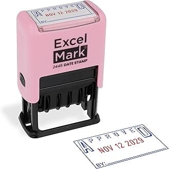 ExcelMark 2445 Date Stamp with Text - Blue and Red Ink (Pink Mount, Approved)