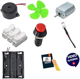 Electronic Spices Diy Mini School Projects Kit 2 (Motor Battery Buzzer Push Switch Kit For Hobbyists And School& College Students) Starter Kit With Video Tutorial & User Manual