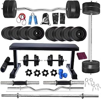 BODYFIT Home Gym Set Combo Kit, Equipment, (20Kg-100Kg) Weight Plates, 3Ft Curl, 5Ft Plain Rod, Flat with Leg Bench,2 x Dumbbell Rods,Fitness Exercise Set. (100 Kg Set)