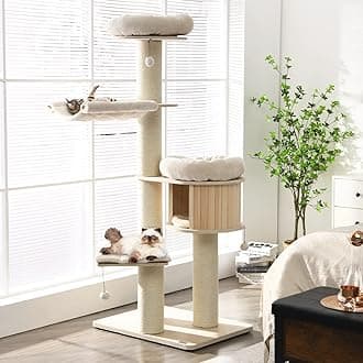 Modern Cat Tree, Multi-Level Large Cat Tower with Condo, Hammocks & Hanging Basket, Tall Cat Tree with Sisal Posts, Washable Cushions, Wood Cat Trees and Towers for Indoor Large Cats