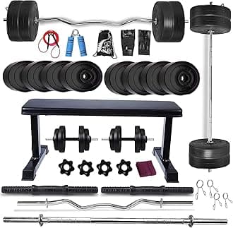 BODYFIT Home Gym Set Combo Kit, Gym Strength Training, (16-100 Kg), 3Ft Curl, 5Ft Plain Rod, Flat Bench-Black, 2X14'' Dumbbell Rods Weight Plates, Fitness Exercise Set. (50 Kg Weight Plates)